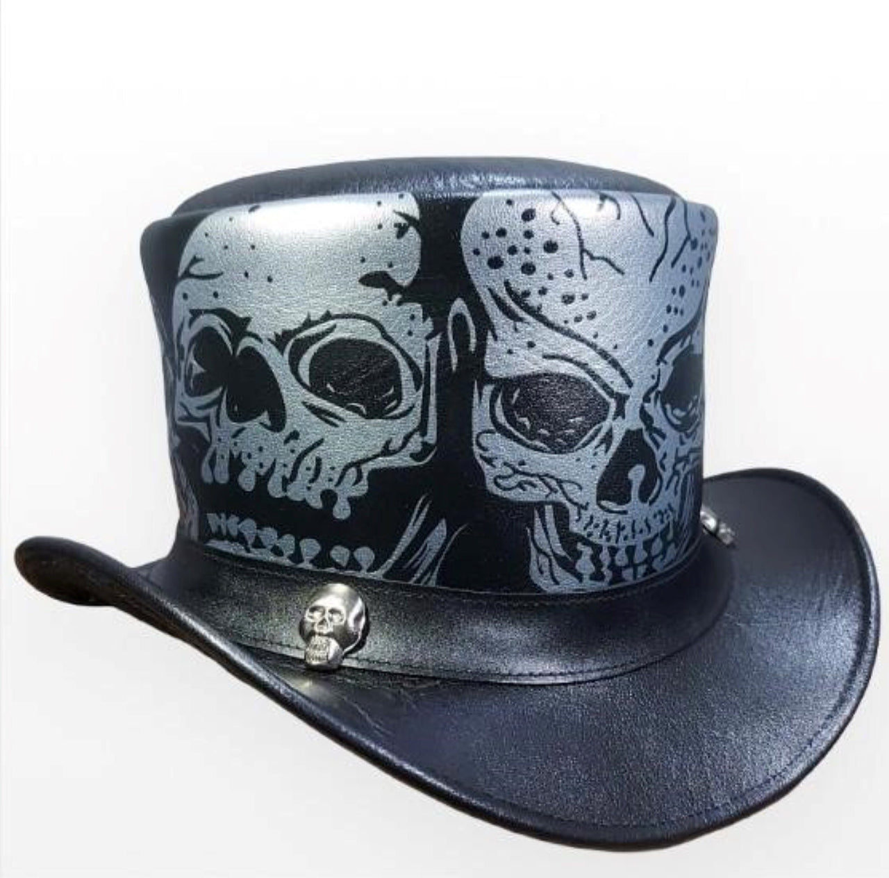 Leather Top Hat Skull Print  Black & silver Real Leather Handmade