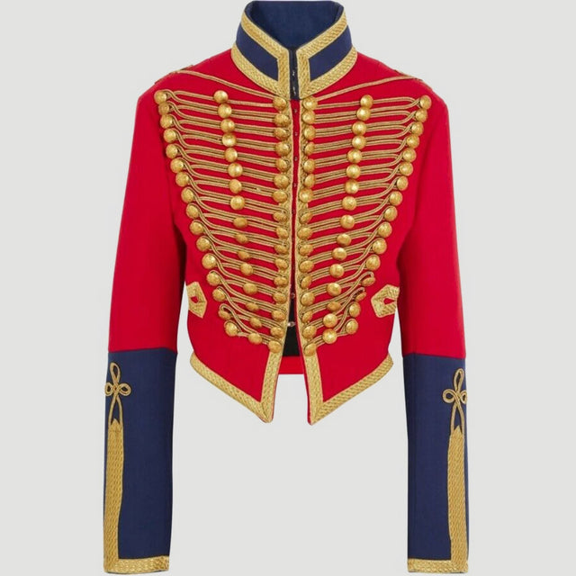A women's red and blue wool military jacket with gold embellishments, featuring a band collar, front buttons, and long sleeves.