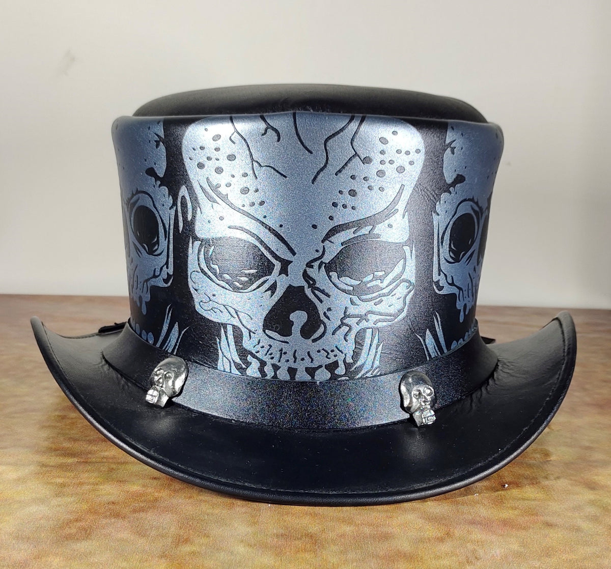 Leather Top Hat Skull Print  Black & silver Real Leather Handmade