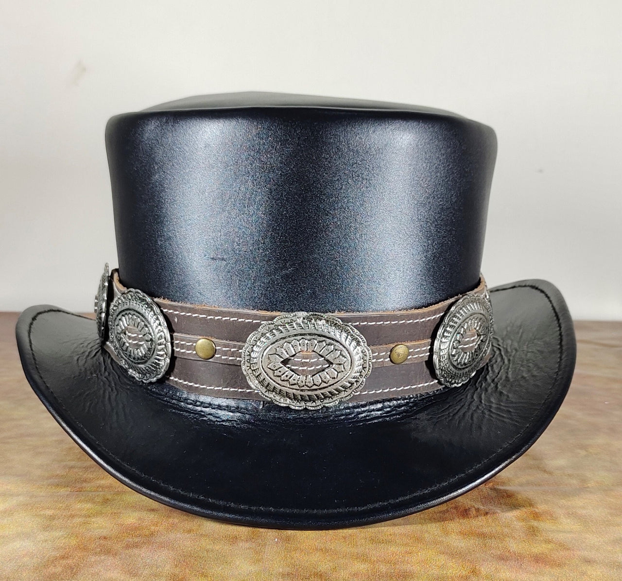 Black Hat with Contrast Brown Leather Band Stylish Large Oval Conchos  Handmade 100% Cowhide Leather