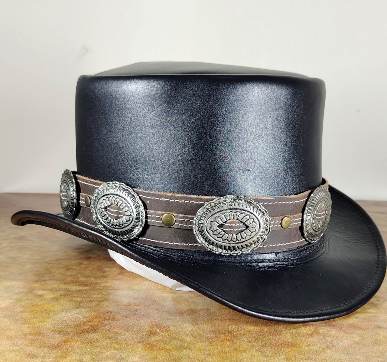 Black Hat with Contrast Brown Leather Band Stylish Large Oval Conchos  Handmade 100% Cowhide Leather