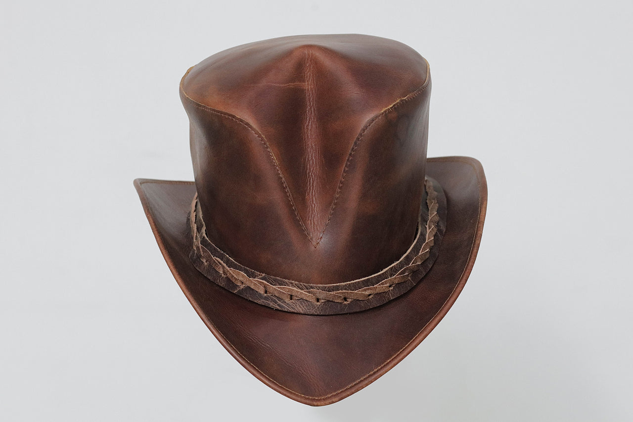 Distress Brown Top Hat | Handmade New V Shaped Braided Band | Steampunk Old look Leather Hat