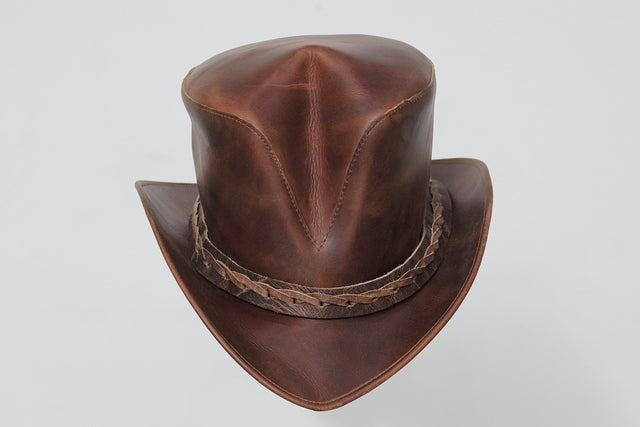 Distress Brown Top Hat | Handmade New V Shaped Braided Band | Steampunk Old look Leather Hat