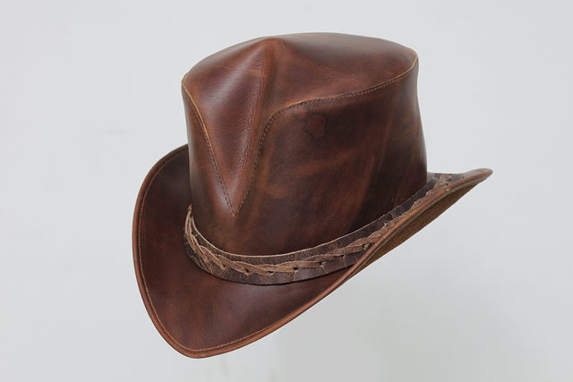 Distress Brown Top Hat | Handmade New V Shaped Braided Band | Steampunk Old look Leather Hat