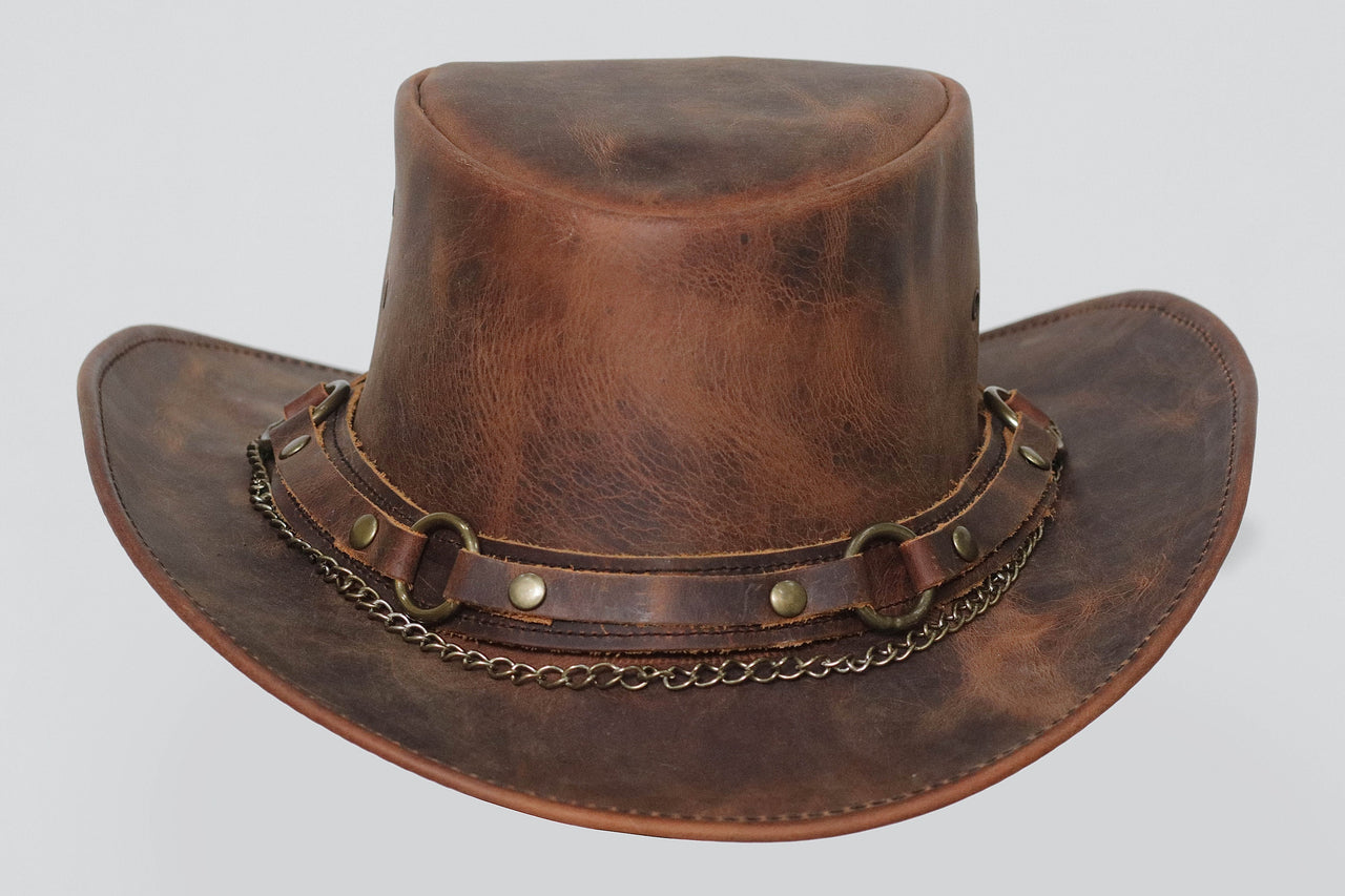 Brown Leather Top Hat | Steampunk Band Wear | Classic Biker Brown Leather Hat
