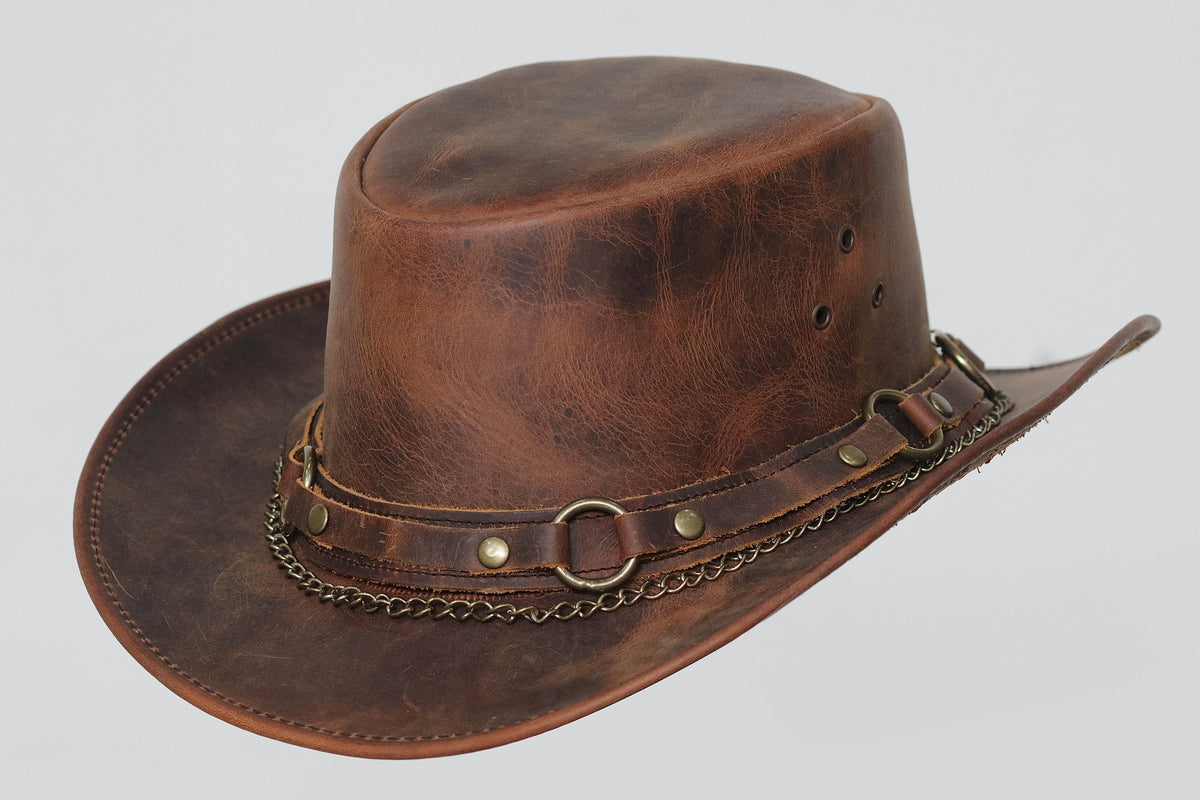 Brown Leather Top Hat | Steampunk Band Wear | Classic Biker Brown Leather Hat