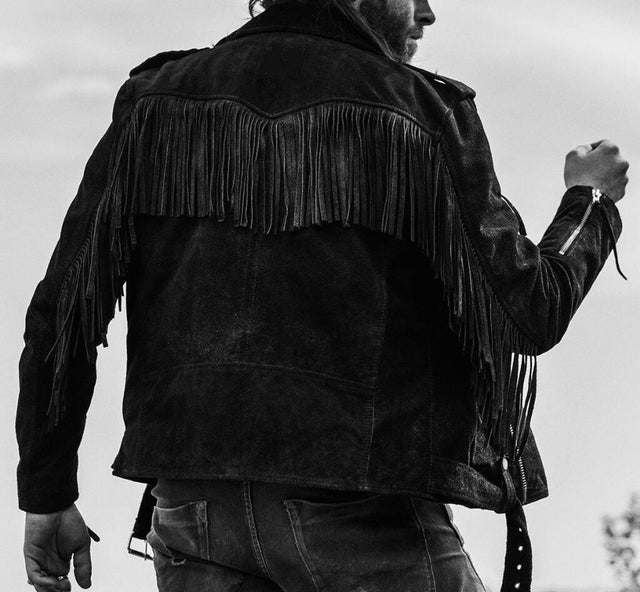 Men's Black Genuine 100% Pure Soft Suede Leather Fringe Jacket, Western Style Fringed Jacket Men's Winter Jacket