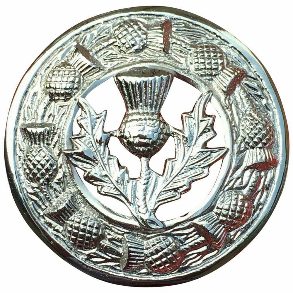 Kilt Fly Plaid Brooch Large With Scrolling Thistle Chrome Border Various Design - #Kilts Boutique#