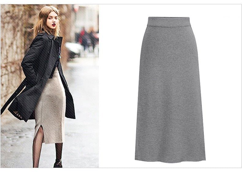 Knit Skirt Midi Split Skirt Grey Qteee Wool Knitted Midi Skirt