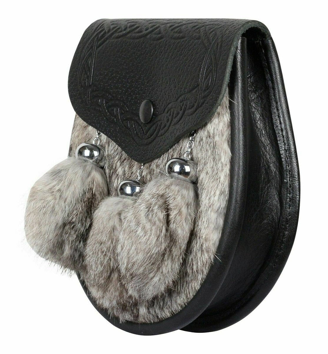 Leather Handmade Semi Dress Kilt Sporran Rabbit Fur Embossed Flap & Chain Belt - #Kilts Boutique#