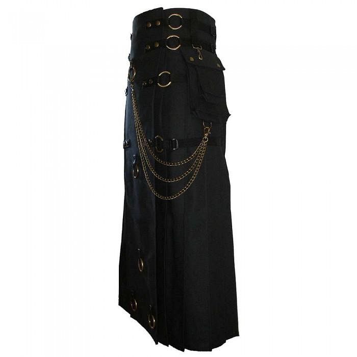 Long Black Gothic Cotton Utility Kilt Steampunk Design Leather Straps & Chains - #Kilts Boutique#