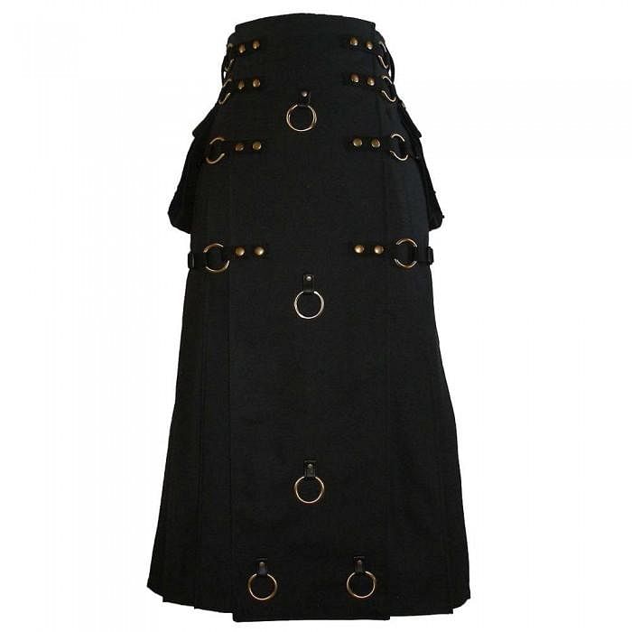 Long Black Gothic Cotton Utility Kilt Steampunk Design Leather Straps & Chains - #Kilts Boutique#