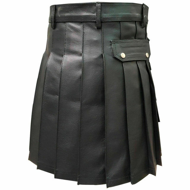 Men Black Cowhide Leather kilt Utility Modern Costume Gladiator Kilt - #Kilts Boutique#