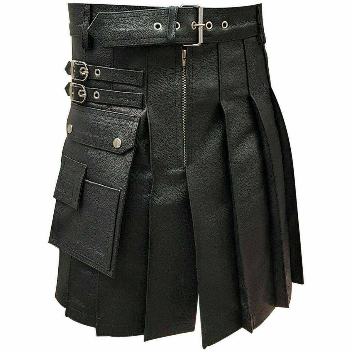 Men Black Cowhide Leather kilt Utility Modern Costume Gladiator Kilt - #Kilts Boutique#