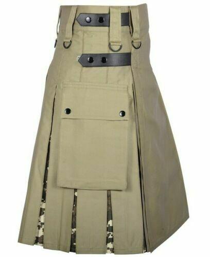 Men's Khaki Cotton Utility Hybrid Kilt - Digital Camo Under Pleats - #Kilts Boutique#
