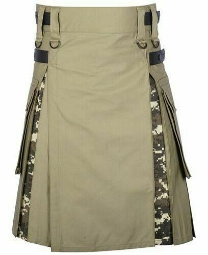Men's Khaki Cotton Utility Hybrid Kilt - Digital Camo Under Pleats - #Kilts Boutique#