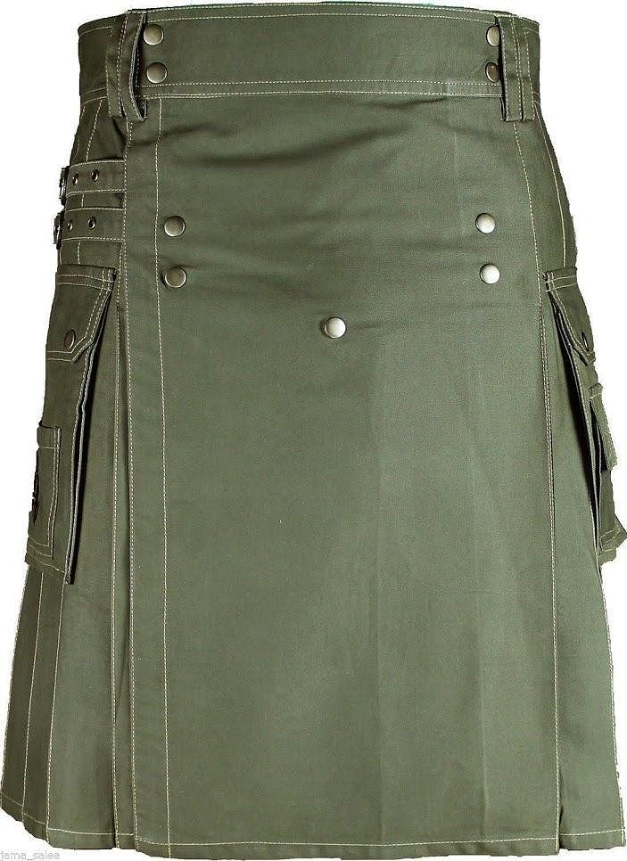 Men's Scottish Olive Green Deluxe Utility Fashion Cargo Sport Kilt