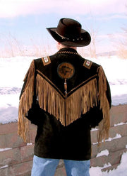 Men's Two Tone Western Fringed Buffalo Coat - Hand Beading And Lacing - Extensive Long Fringe - #Kilts Boutique#