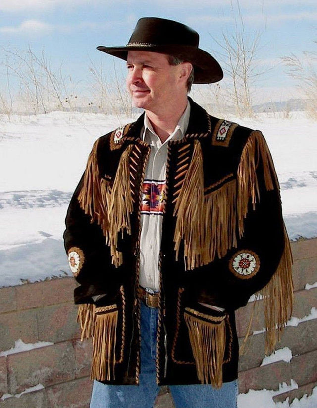 Men's Two Tone Western Fringed Buffalo Coat - Hand Beading And Lacing - Extensive Long Fringe - #Kilts Boutique#