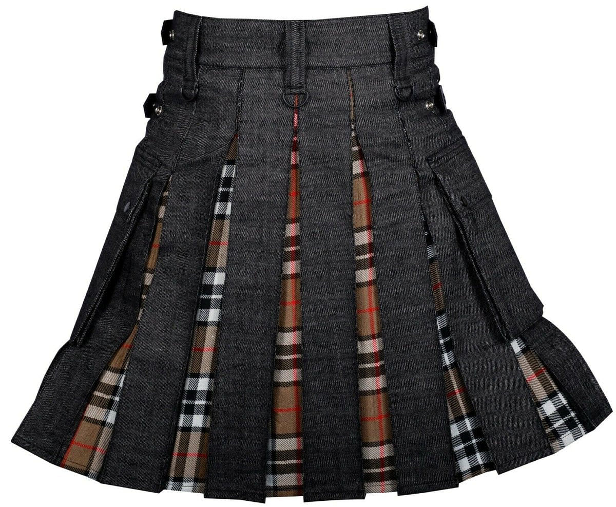 Modern Hybrid Black Denim & Campbell of Thomson Tartan Kilt Handmade Hybrid Utility Kilt - #Kilts Boutique#