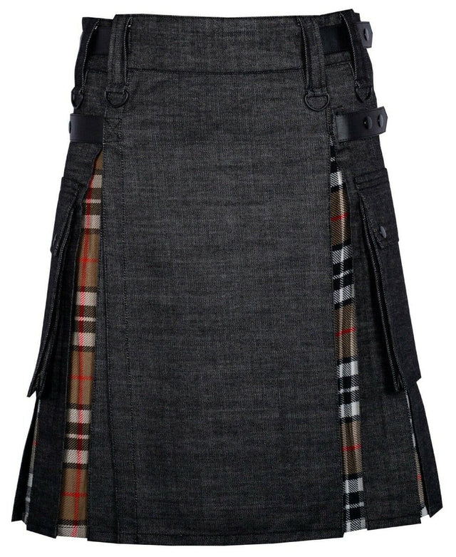 Modern Hybrid Black Denim & Campbell of Thomson Tartan Kilt Handmade Hybrid Utility Kilt - #Kilts Boutique#