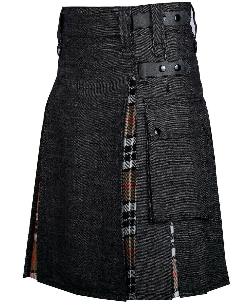 Modern Hybrid Black Denim & Campbell of Thomson Tartan Kilt Handmade Hybrid Utility Kilt - #Kilts Boutique#