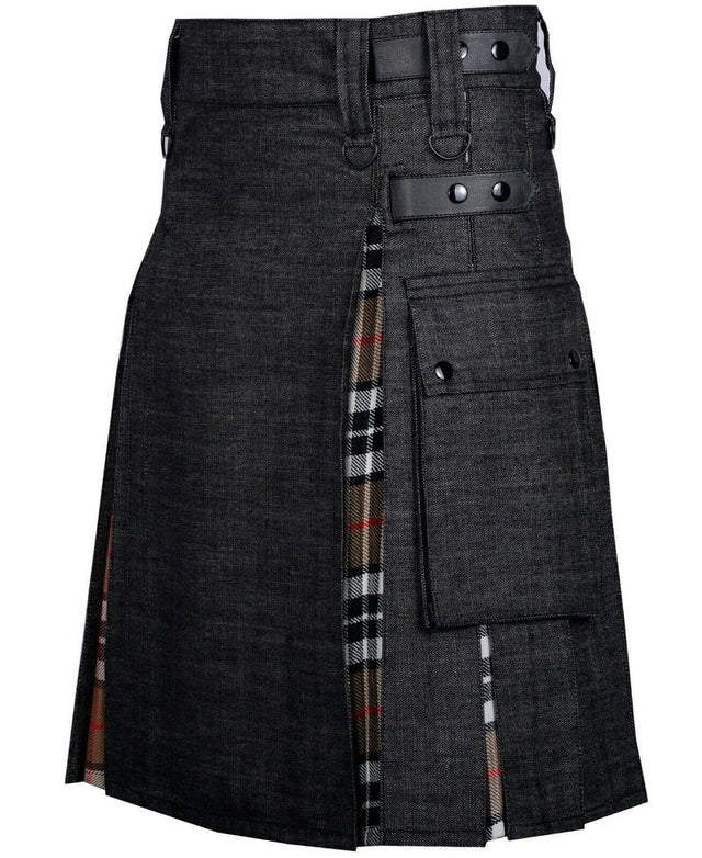 Modern Hybrid Black Denim & Campbell of Thomson Tartan Kilt Handmade Hybrid Utility Kilt - #Kilts Boutique#