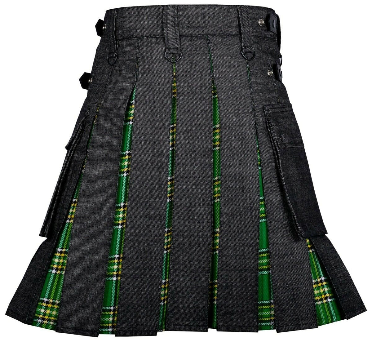 Modern Hybrid Black Denim & Irish Tartan Kilt Handmade Hybrid Utility Kilt - #Kilts Boutique#