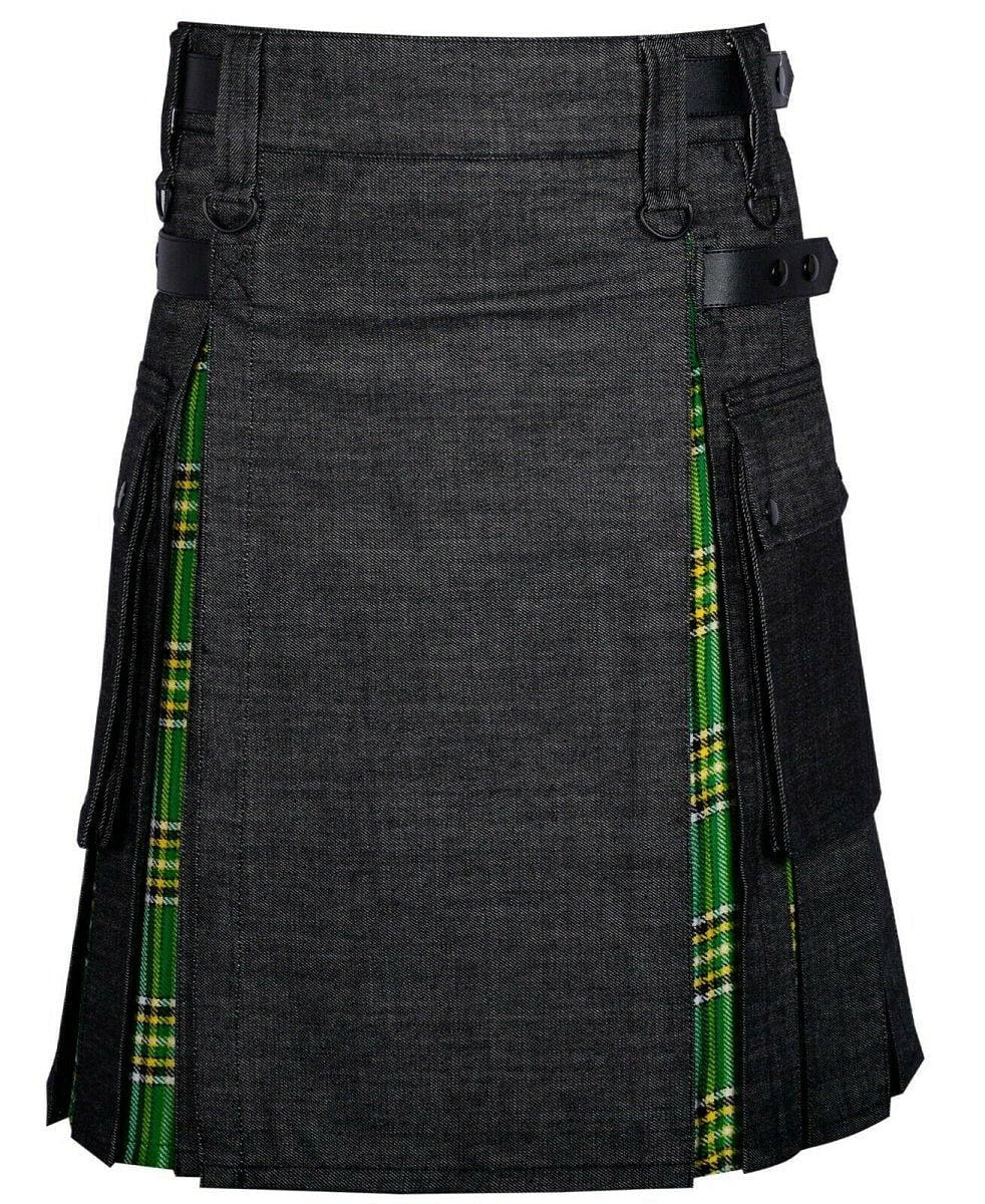Modern Hybrid Black Denim & Irish Tartan Kilt Handmade Hybrid Utility Kilt - #Kilts Boutique#