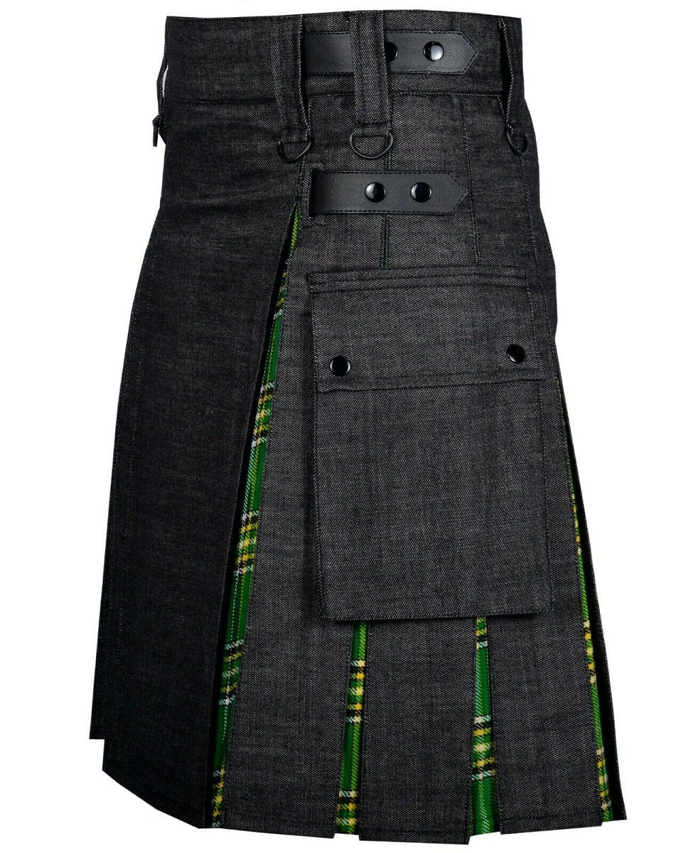 Modern Hybrid Black Denim & Irish Tartan Kilt Handmade Hybrid Utility Kilt - #Kilts Boutique#