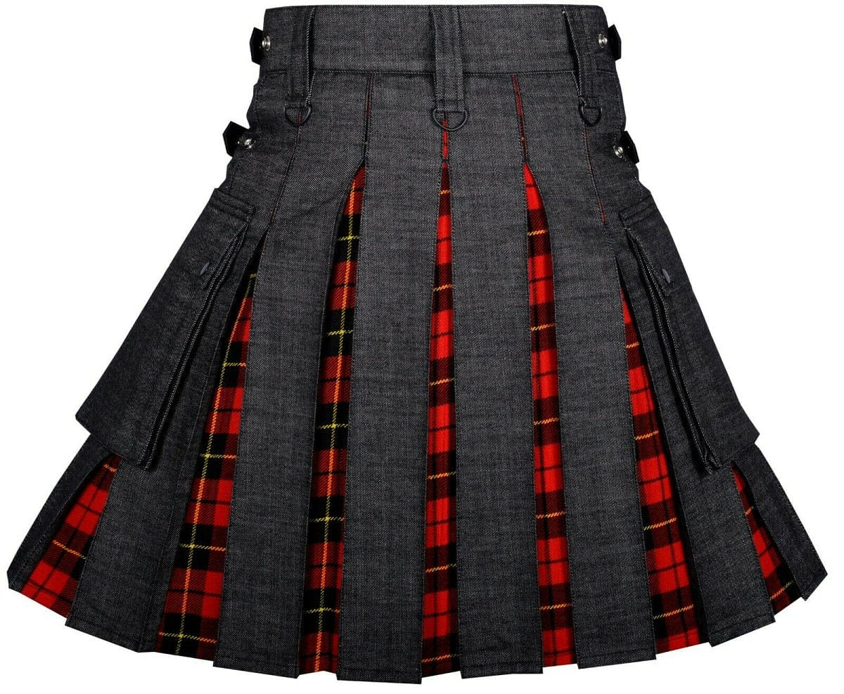 Modern Hybrid Black Denim & Wallace Tartan Kilt Handmade Hybrid Utility Kilt - #Kilts Boutique#