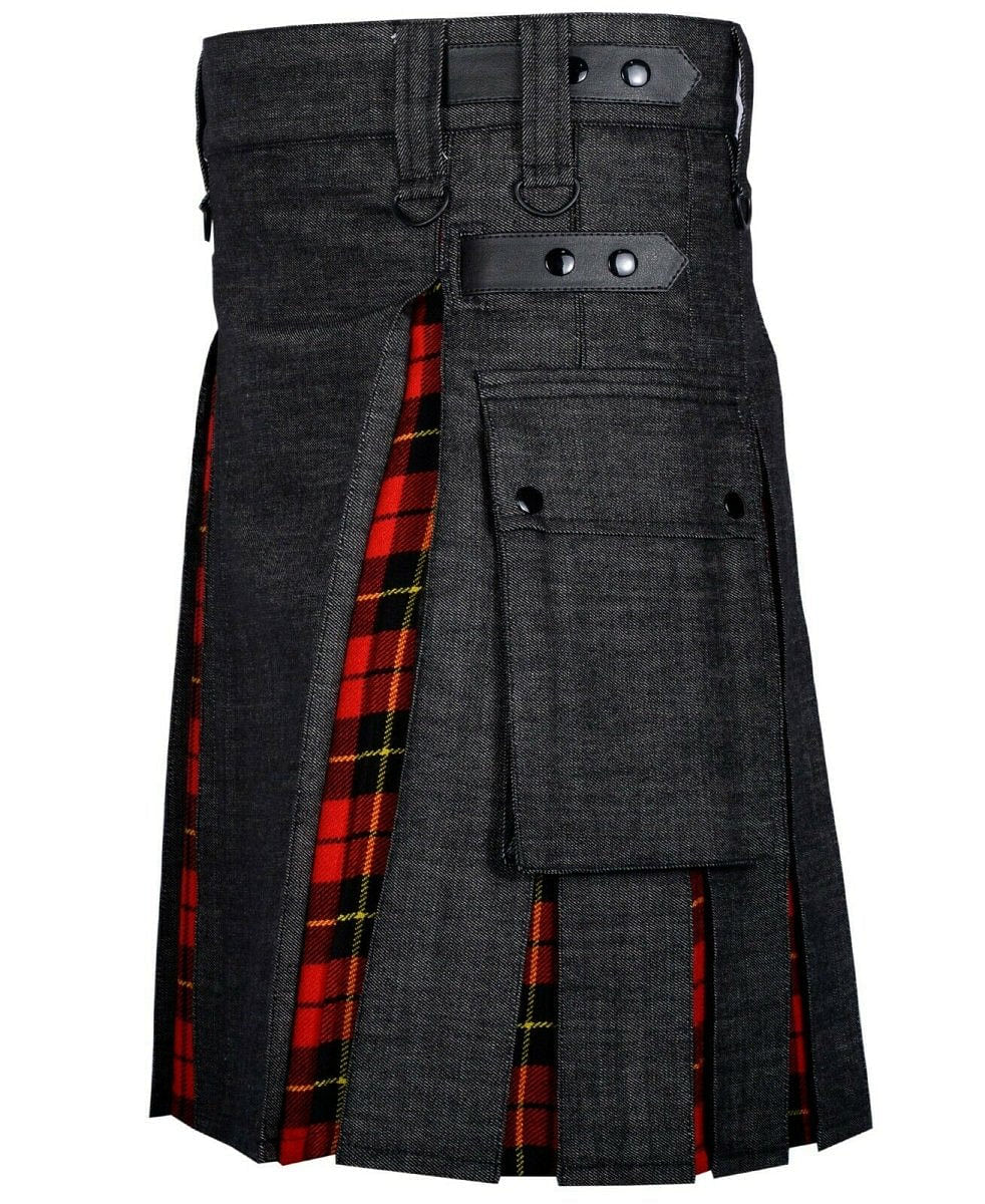 Modern Hybrid Black Denim & Wallace Tartan Kilt Handmade Hybrid Utility Kilt - #Kilts Boutique#
