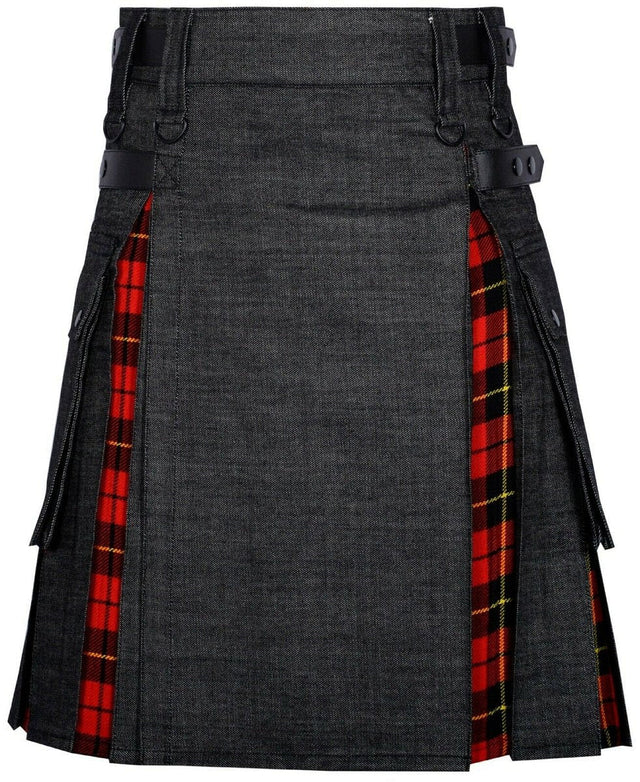 Modern Hybrid Black Denim & Wallace Tartan Kilt Handmade Hybrid Utility Kilt - #Kilts Boutique#
