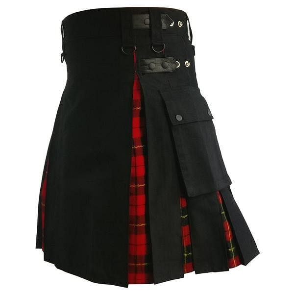 Modern Hybrid Wallace Tartan and Black Cotton Utility Kilt For Men - #Kilts Boutique#