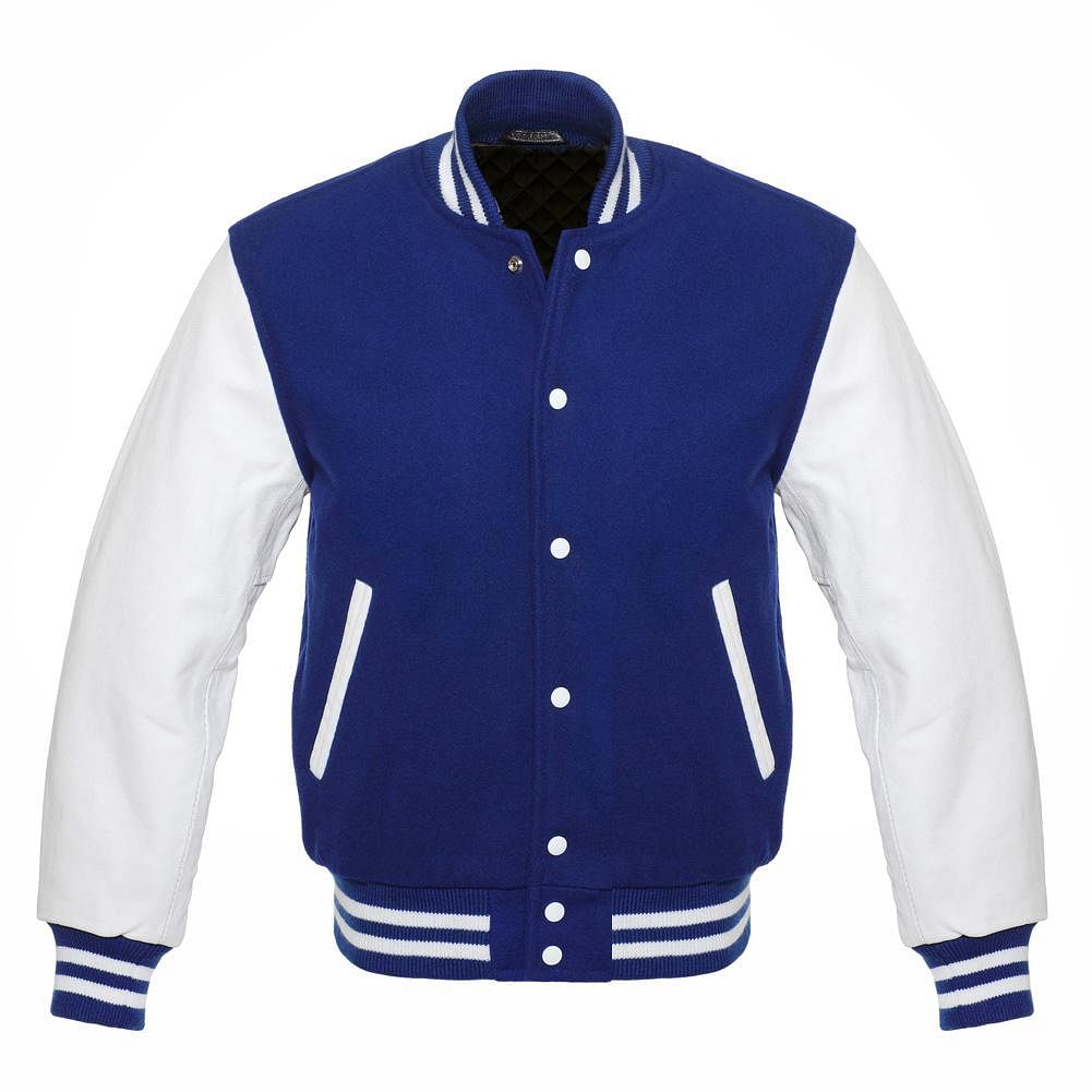 Navy Blue & White Varsity Letterman baseball jacket Wool Body & Leather Sleeves - #Kilts Boutique#