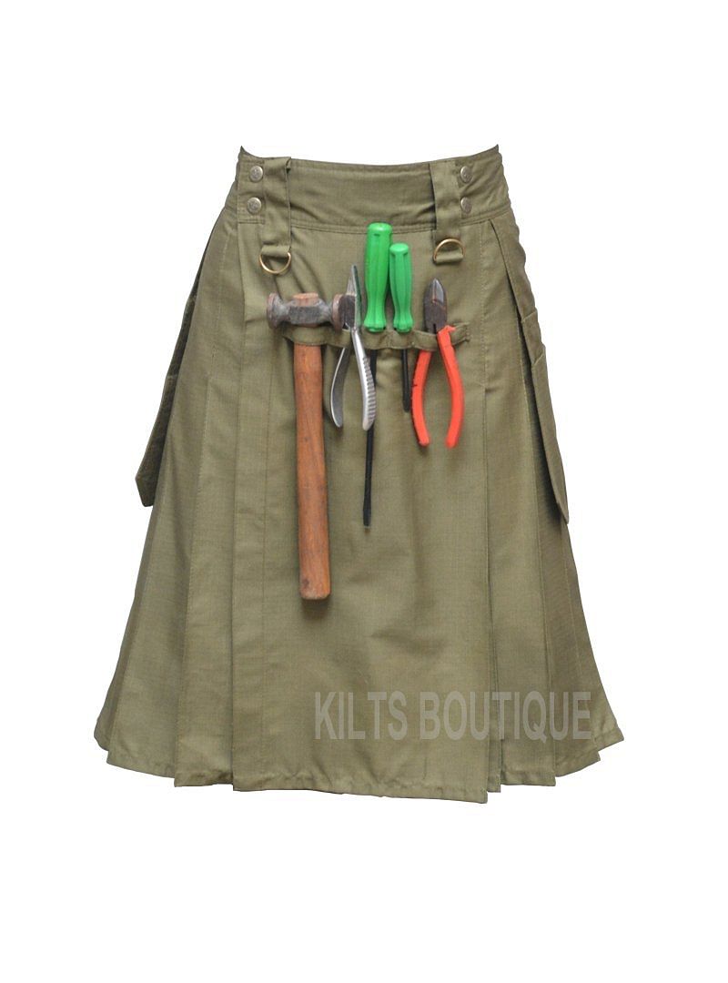 Olive Green Deluxe Utility Work Wear Kilt Working Men with Pockets & l