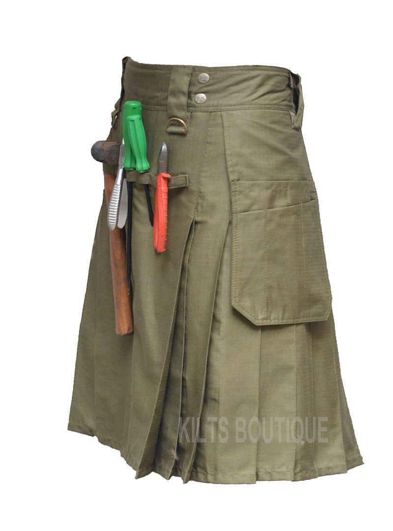 Olive Green Deluxe Utility Work Wear Kilt Working Men with Pockets & loops - #Kilts Boutique#