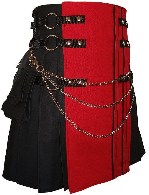 Red & Black Canvas Cotton Fashion Utility Kilt - #Kilts Boutique#