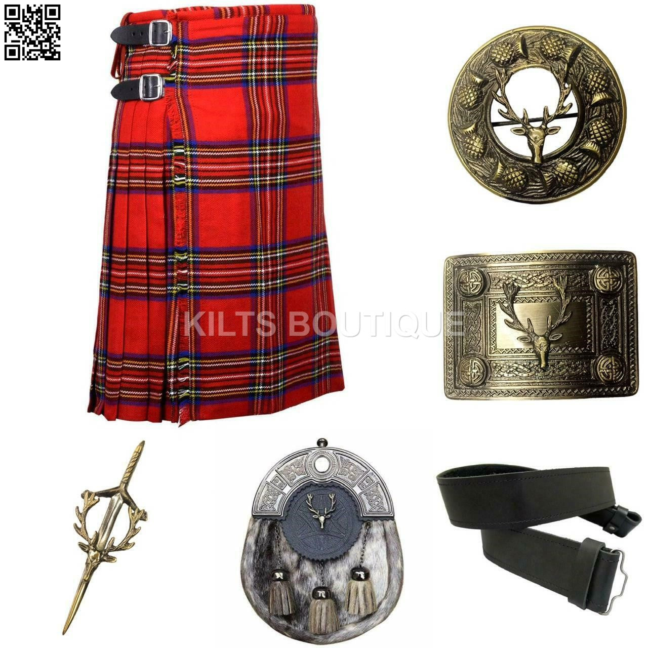 Scottish Men Tartan Kilt Set With Antique Sporran Buckle Pin Kilt Belt