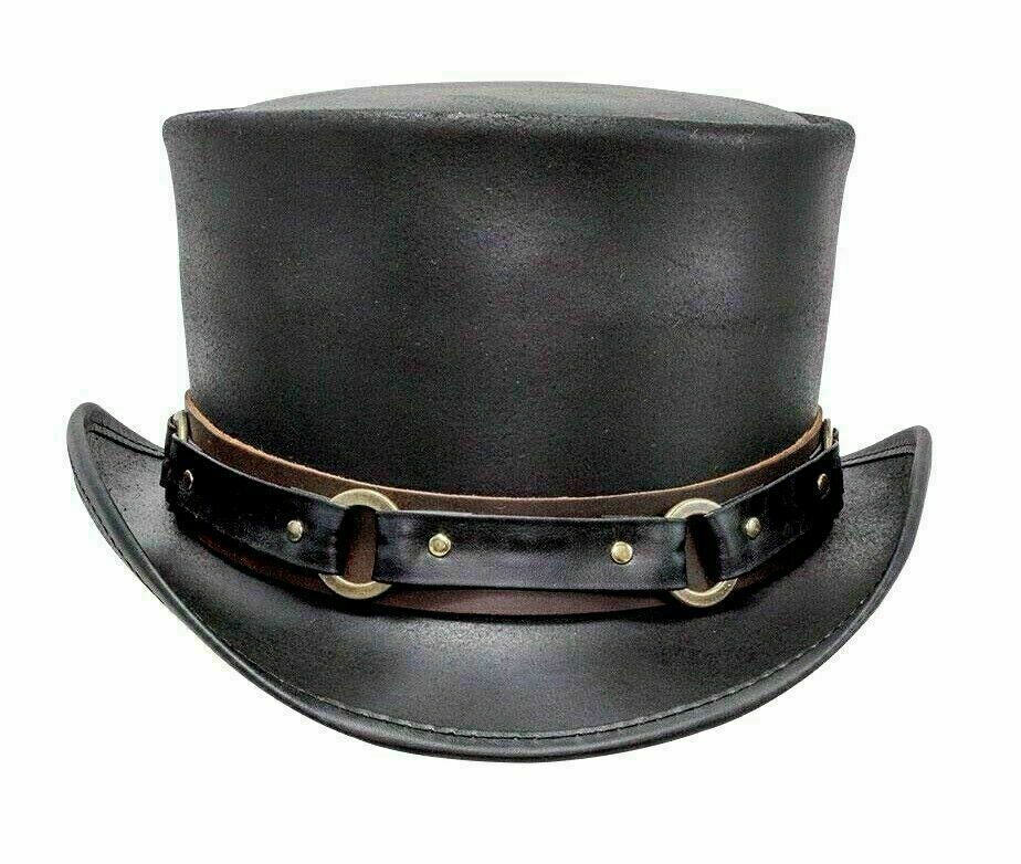 Men's Leather Cowhide Biker Steampunk Deadman Top Hat 