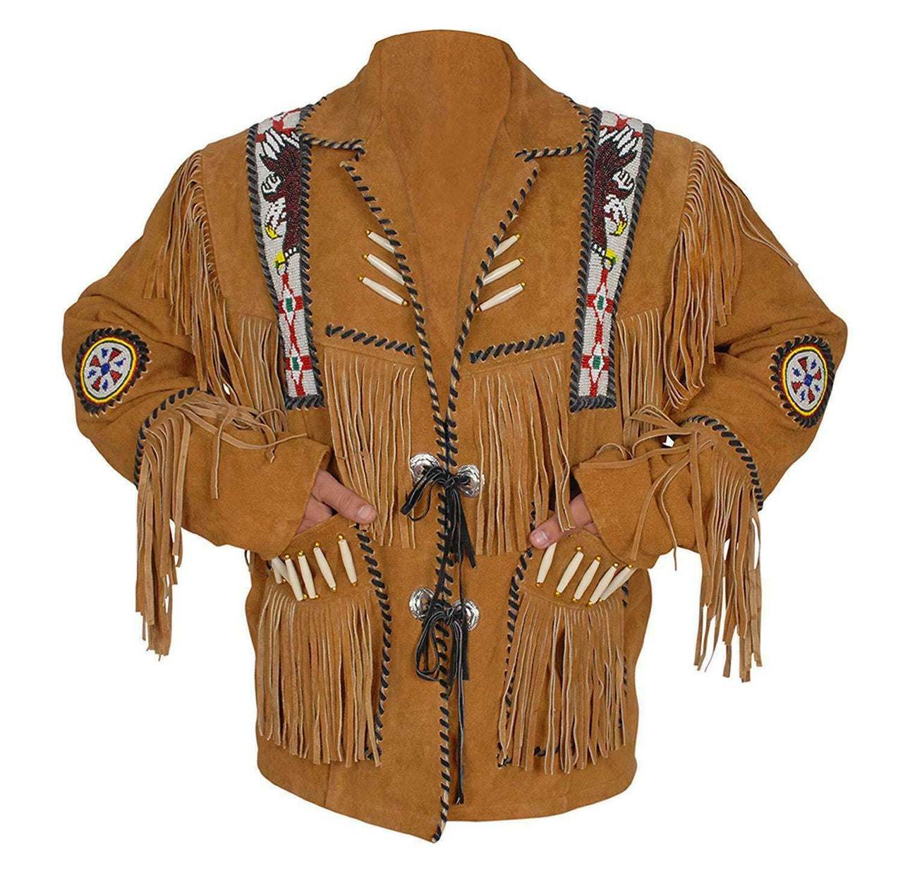 Western Wear Fringe Style Bone Beads Coat Suede Leather Cowboy Jacket Handmade
