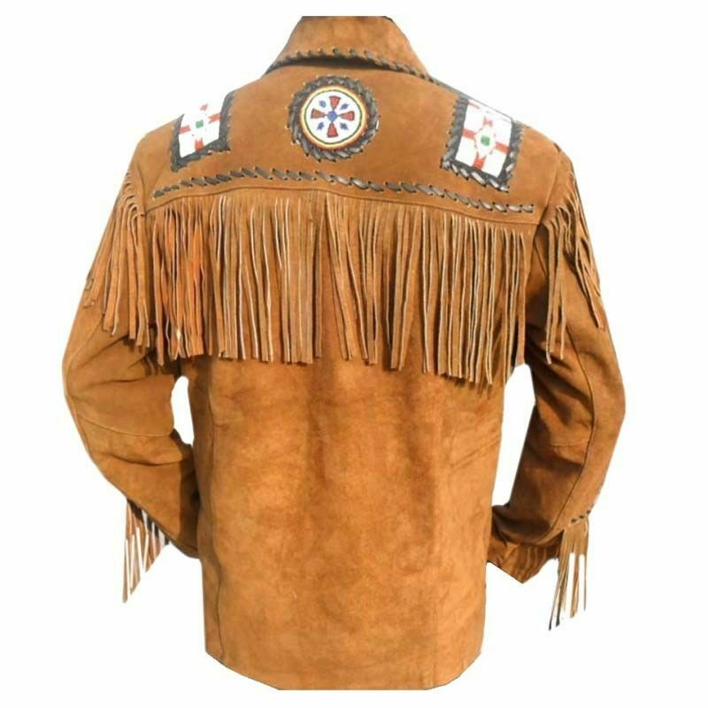 Western Wear Fringe Style Bone Beads Coat Suede Leather Cowboy Jacket Handmade