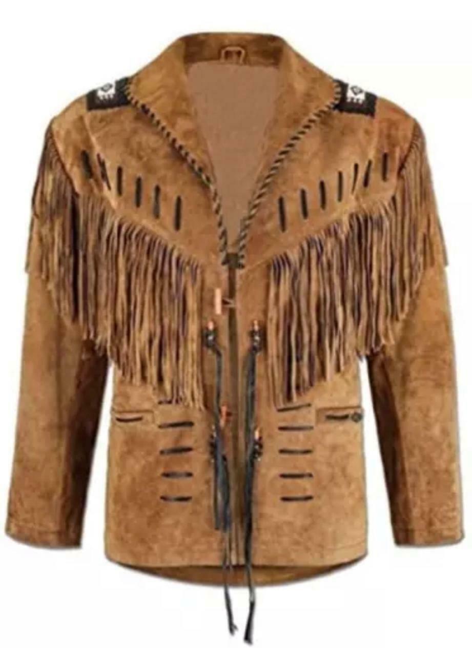 Native American Buckskin Suede Leather Western Jacket With Fringes & Beaded Coat
