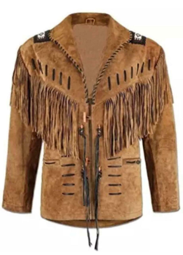 Native American Buckskin Suede Leather Western Jacket With Fringes & Beaded Coat