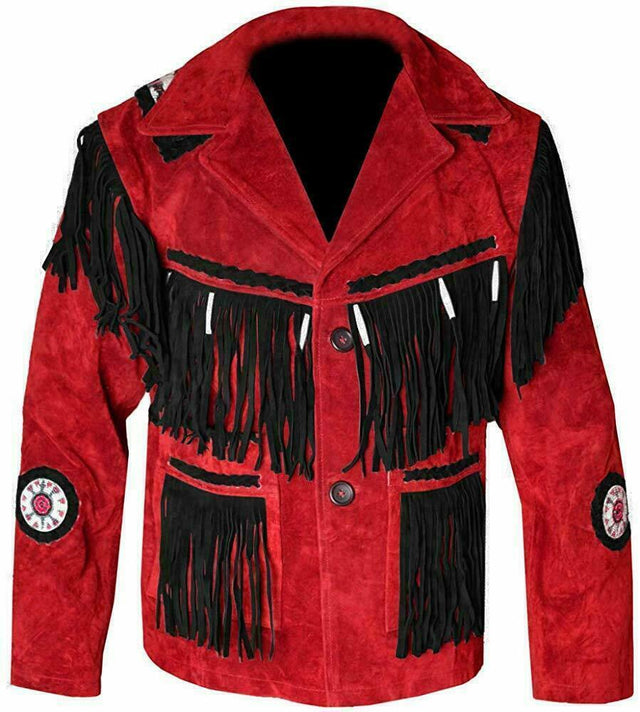 Men Suede Western Style Cowboy Leather Jacket With Fringe Red & Black