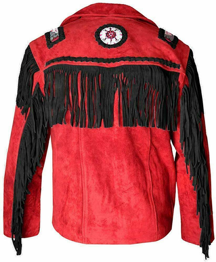 Men Suede Western Style Cowboy Leather Jacket With Fringe Red & Black