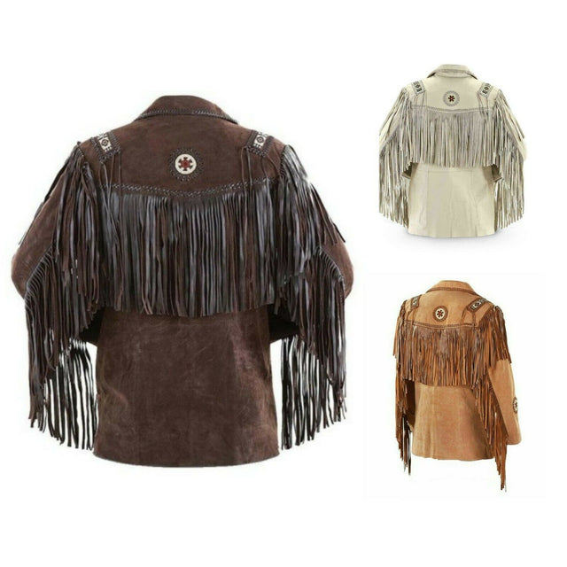 Men's Western coat cowboy suede leather jacket with Fringes Black