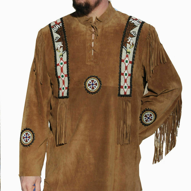Men Suede Leather Western Jacket With Fringe & Badges coat