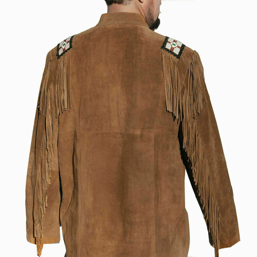 Men Suede Leather Western Jacket With Fringe & Badges coat
