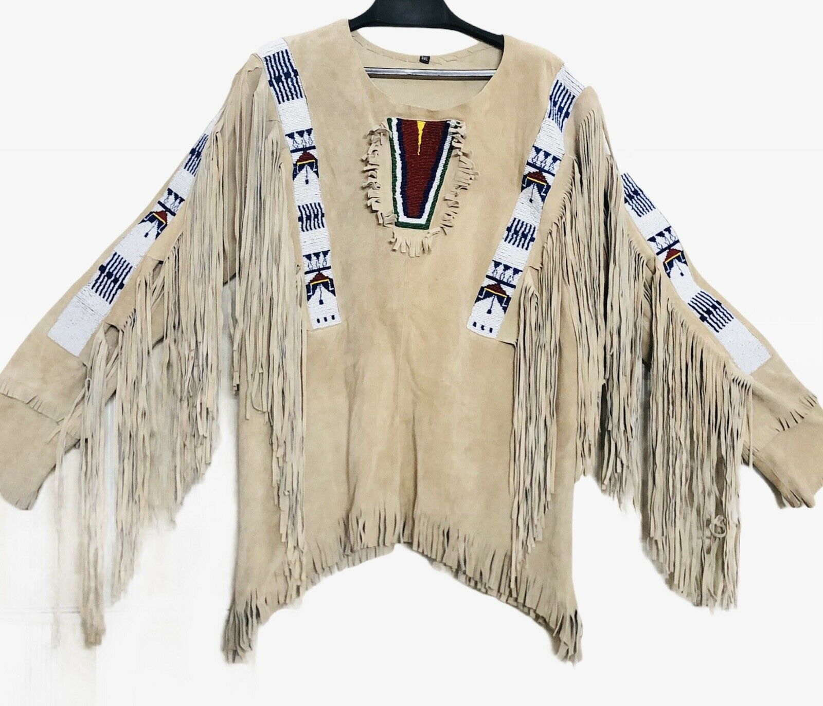 American Native Western Jacket Buckskin Suede Leather Fringe & Beads War Shirt